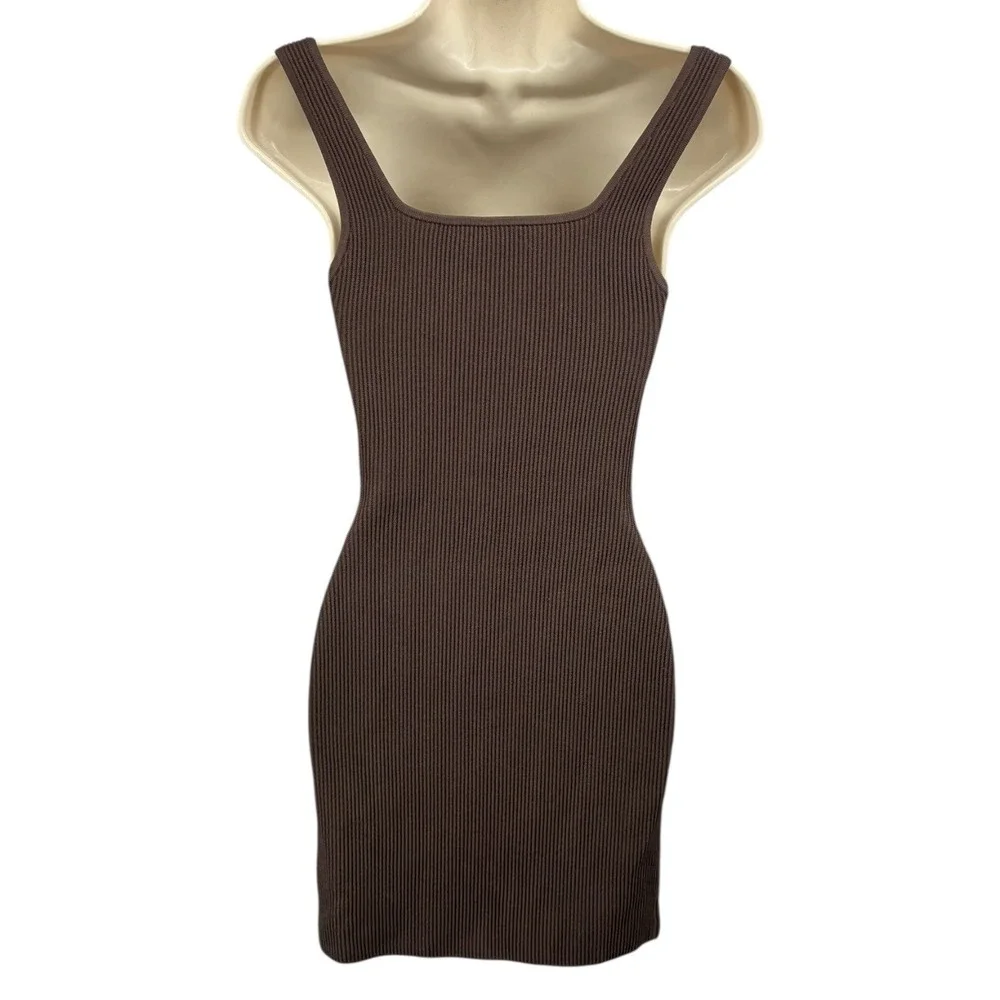 Babaton Aritzia Brown Ribbed Bodycon Sweater Dress Chocolate Midi Mini Size‎ S - Picture 2 of 7